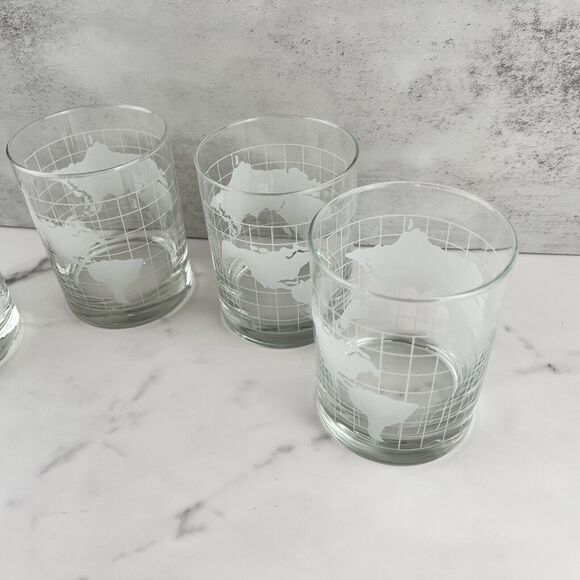 70's Glass Clear w Frosted World Map Globe Double Old Fashioned Tumblers Vintage - Picture 6 of 11